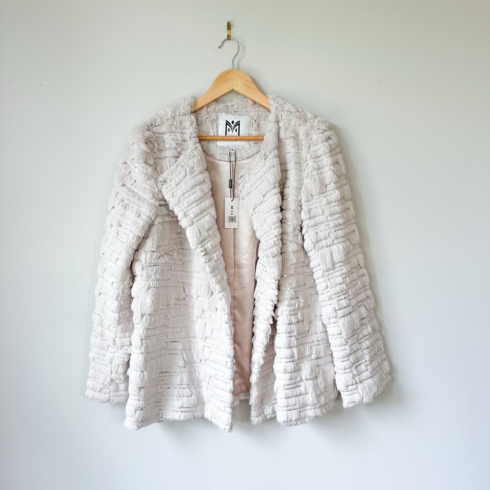MILLY Sequin Fur Open-Front Long Sleeve Jacket Beige L NWT